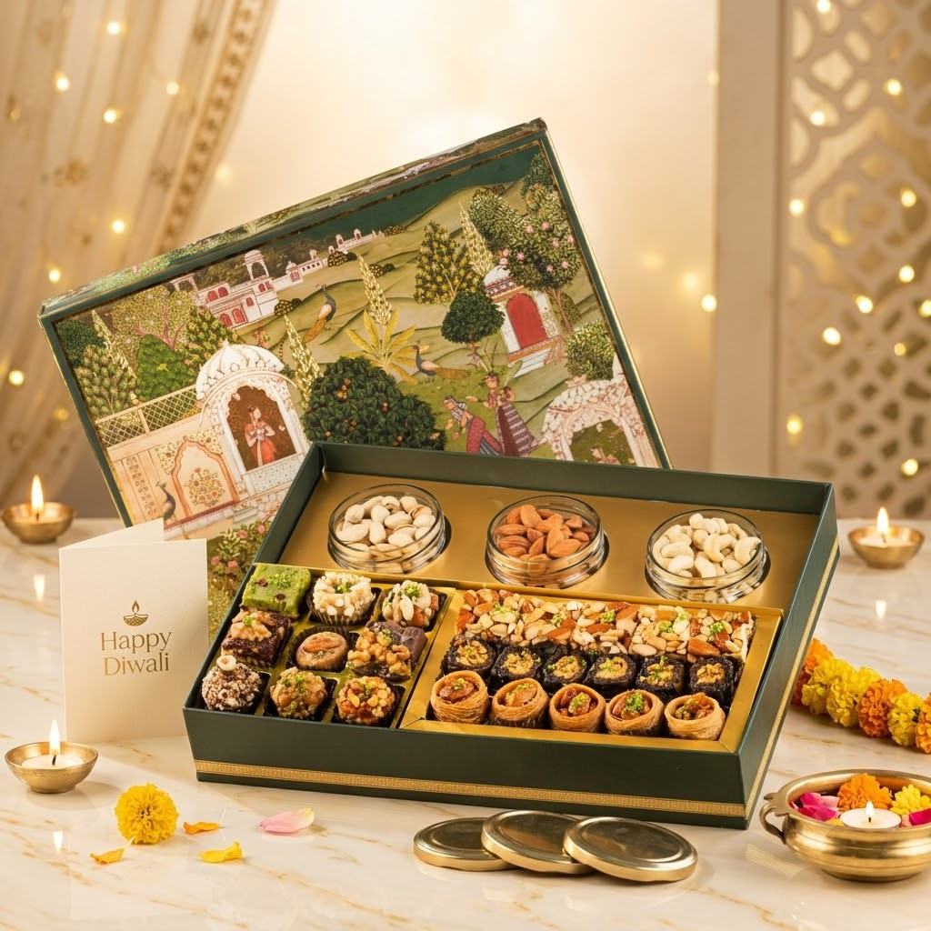 TBB gift hamper with assorted sweets and dry fruits, beside a Diwali message card