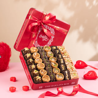 Red Tin Assorted Chocolate Baklava Box with Red Ribbon- Valentines Box 1Kg