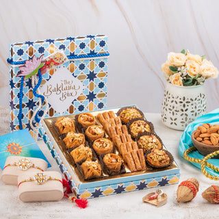 Rakhi Gift Box : Assorted Variety of Bestselling Baklavas Sweets With 2 Sets of Rakhi, Ribbon Packaging and Greeting Card (500 Gms)