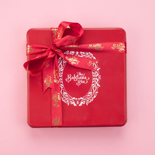 Red Tin Assorted Chocolate Baklava Box with Red Ribbon- Valentines Box 1Kg