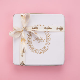 Assorted White Tin Chocolate Box with Ribbon Packing 1Kg