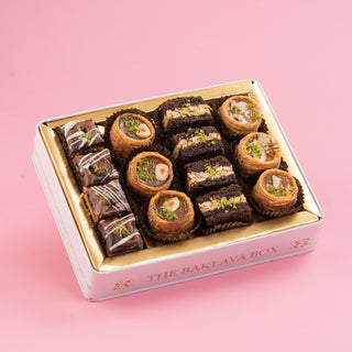 White Tin Assorted Chocolate Baklava Box with Ribbon Packing 350gm