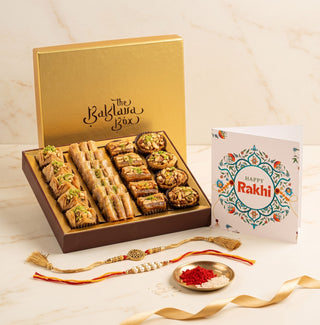 Sunheri Assorted Baklava Box with 2 set of Kundan Rakhi