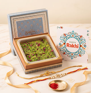 Pistachio Lauj with 2 set of Kundan Rakhi & Essentials