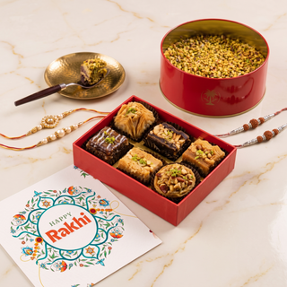 Pistachio Kunafa Tin & Sampler Baklava with Rakhi Essentials