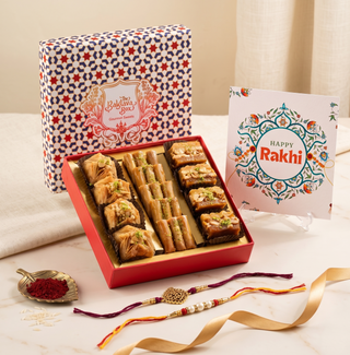 Red Imperial Assorted Baklava Box 250g with 2 set of Kundan Rakhi