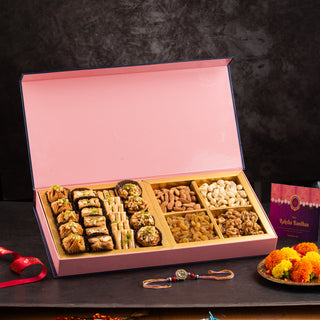 Pink Floral Rakhi Box – Assorted Sweets & Premium Dry Fruits