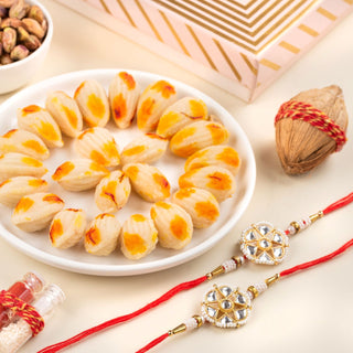 Almond Butterscotch Mithai with a set of 2 Rakhis & Greeting Card - 300 gm - THE BAKLAVA BOX