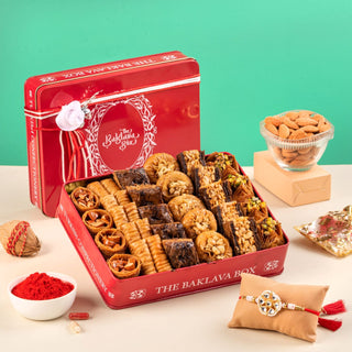 Assorted Baklava & Rakhi Combo in Royal Red Tin Gift Box - 500 gm - THE BAKLAVA BOX