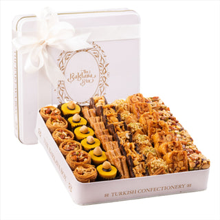 Assorted Baklava in Elegant White Tin Gift Box with Ribbon Packaging (1 KG)