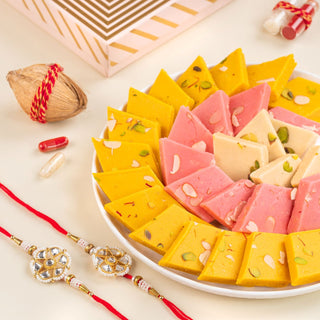 Assorted Kaju Katli with a set of 2 Rakhis & Greeting Card - 300 gm - THE BAKLAVA BOX