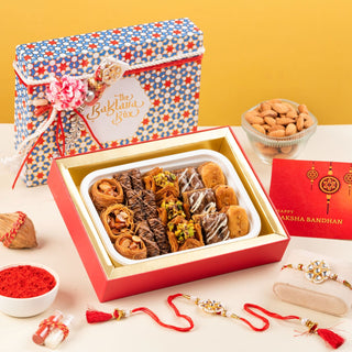 Assortment of 6 Varieties Of Baklava with Rakhi & Greeting Card in Festive Gift Box - 250 gm - THE BAKLAVA BOX