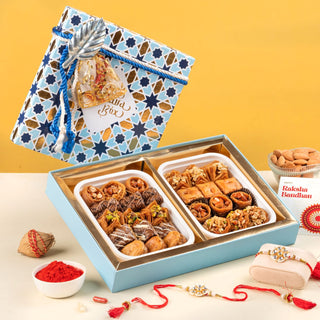 Assortment of 9 Varieties of Baklava with Rakhi & Greeting Card in Imperial Gift Box - 500 gm - THE BAKLAVA BOX