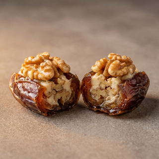 Stuffed dates cut to show the soft flesh and topping, macro