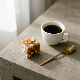Turkish delight cube beside a coffee cup showing size