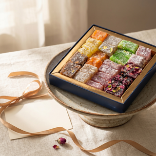 Assorted Turkish delight styled as a gift with note card and ribbon