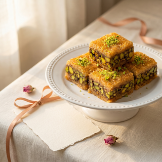 Pistachio kunafa styled as a gift with note card and ribbon
