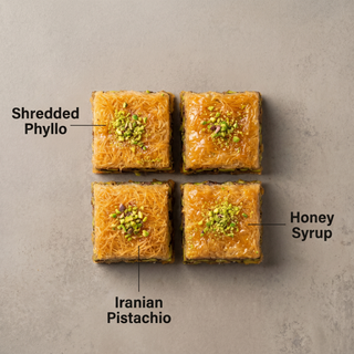 Pistachio kunafa detail: shredded phyllo, Iranian pistachio, honey syrup