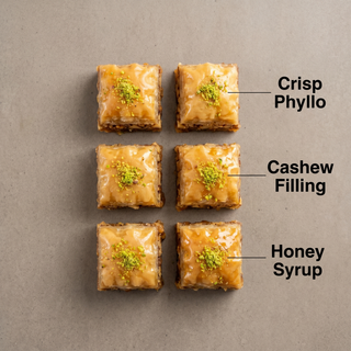 Cashew square baklava detail: crisp phyllo, cashew filling, honey syrup