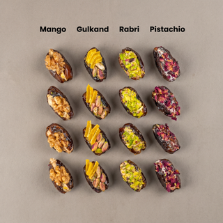 Assorted stuffed dates flavours: Mango, Gulkand, Rabri, Pistachio