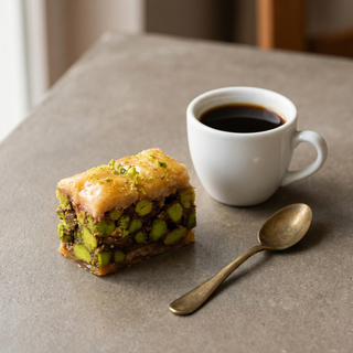 Pistachio square baklava beside a coffee cup showing size