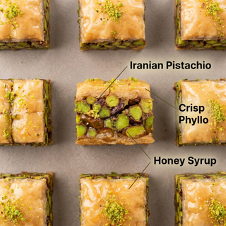 Pistachio square baklava detail: Iranian pistachio, crisp phyllo, honey syrup