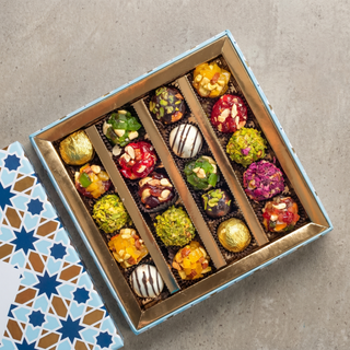 Assorted Indian Fusion Sweets open gift box revealing the contents