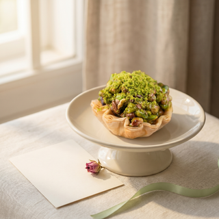 Pistachio Tart Baklava styled as a gift with note card and ribbon