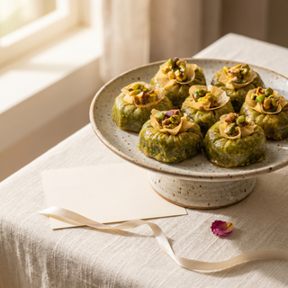 Pistachio Ring Baklava styled as a gift with note card and ribbon
