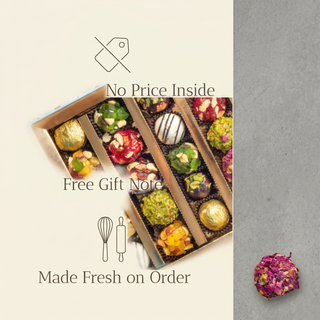 The Baklava Box gift promise: no price inside, free gift note, made fresh on order