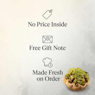 The Baklava Box gift promise: no price inside, free gift note, made fresh on order