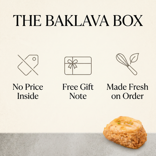 The Baklava Box gift promise: no price inside, free gift note, made fresh on order