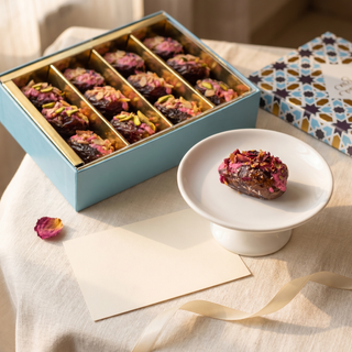 Gulkand Flavoured Dates styled as a gift with note card and ribbon
