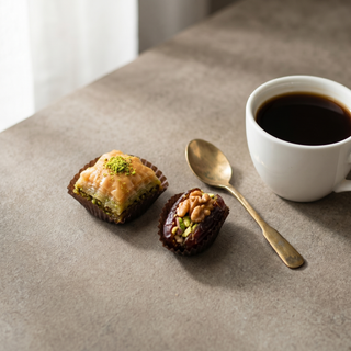 Sunheri Assorted Baklava and Stuffed Dates Hamper beside a coffee cup showing size