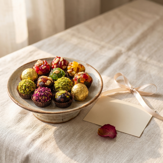 Assorted Indian Fusion Sweets styled as a gift with note card and ribbon