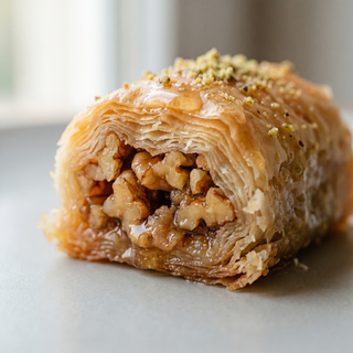 Kitta baklava cut to show the walnut filling and flaky phyllo