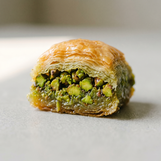 Pistachio Saray baklava cross-section with vivid pistachio
