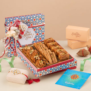 Rakhi Gift Box : Assorted Premium Baklava Box With 2 Sets of Rakhi and Ribbon Packaging (250 Gms) - THE BAKLAVA BOX