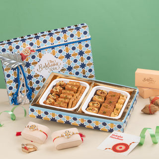 Rakhi Gift Box : Assorted Premium Baklava Box With 2 Sets of Rakhi and Ribbon Packaging (500 Gms) - THE BAKLAVA BOX