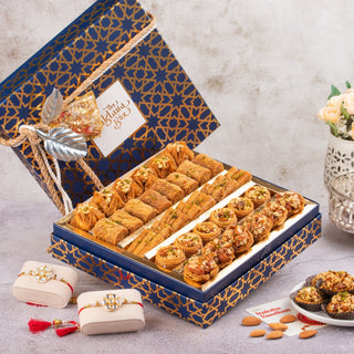 Rakhi Gift Box : Assorted Premium Baklava Box With 2 Sets of Rakhi and Ribbon Packaging (750 Gms) - THE BAKLAVA BOX