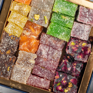 Assorted Turkish delight cubes close-up detail